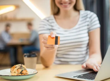 karta kredytowa online kobieta trzyma w prawej ręce pomarańczową kartę